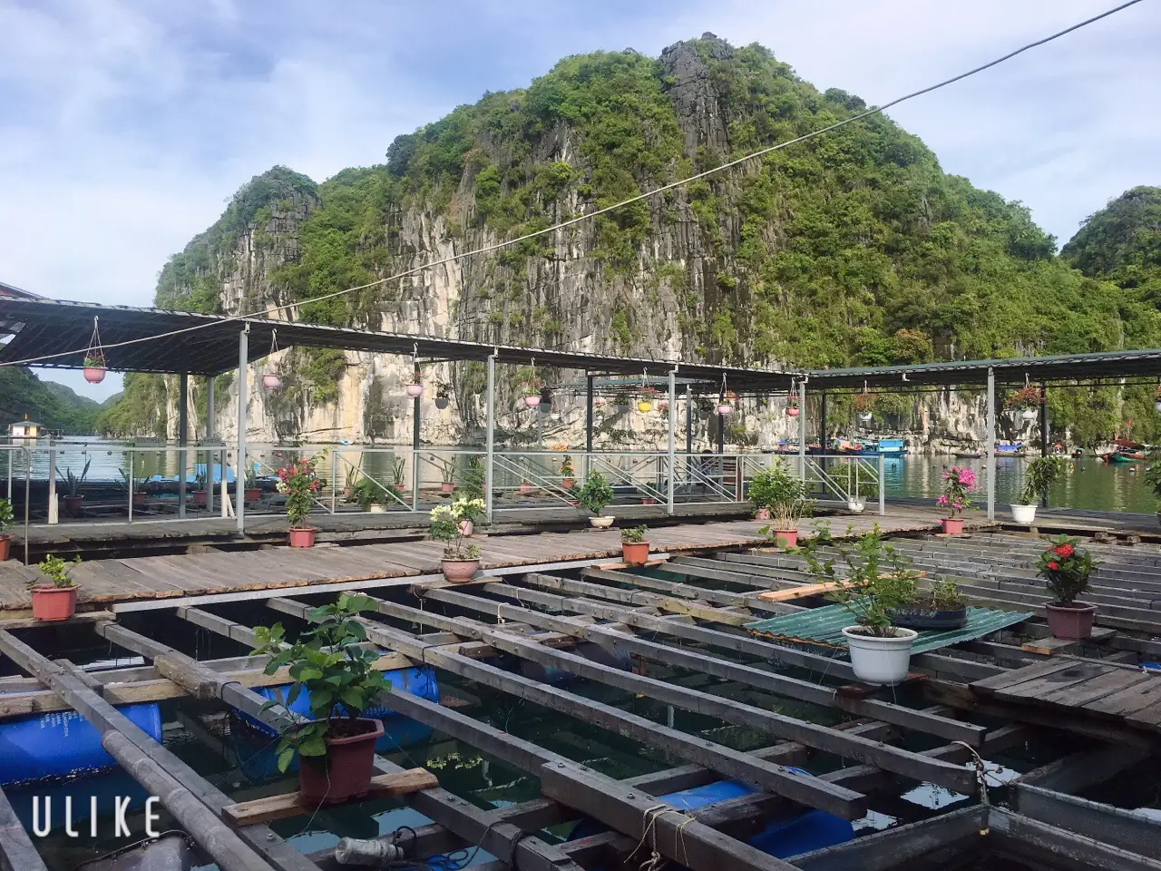 Lồng nuôi thuỷ sản nổi trên mặt nước với vách núi đá vôi phía sau tại làng chài Vũng Viêng