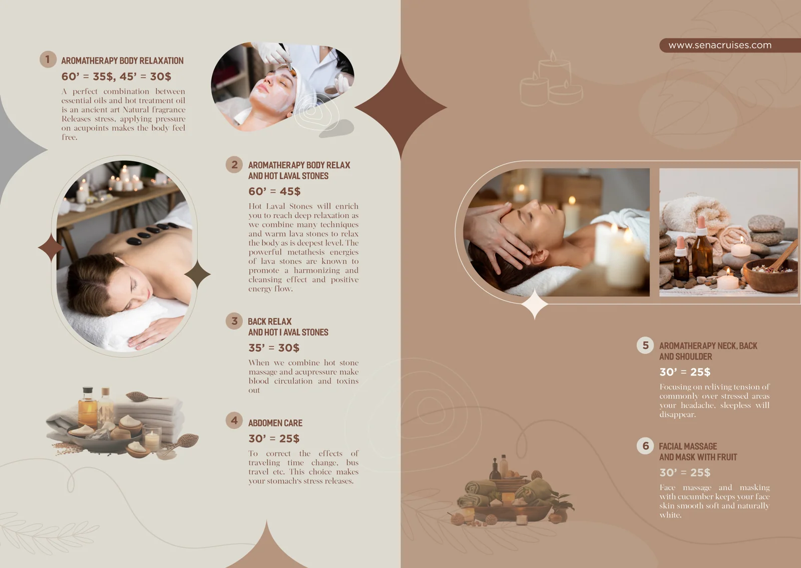 Menu dịch vụ spa trên du thuyền Sena Cruises — đặt trước tại quầy lễ tân