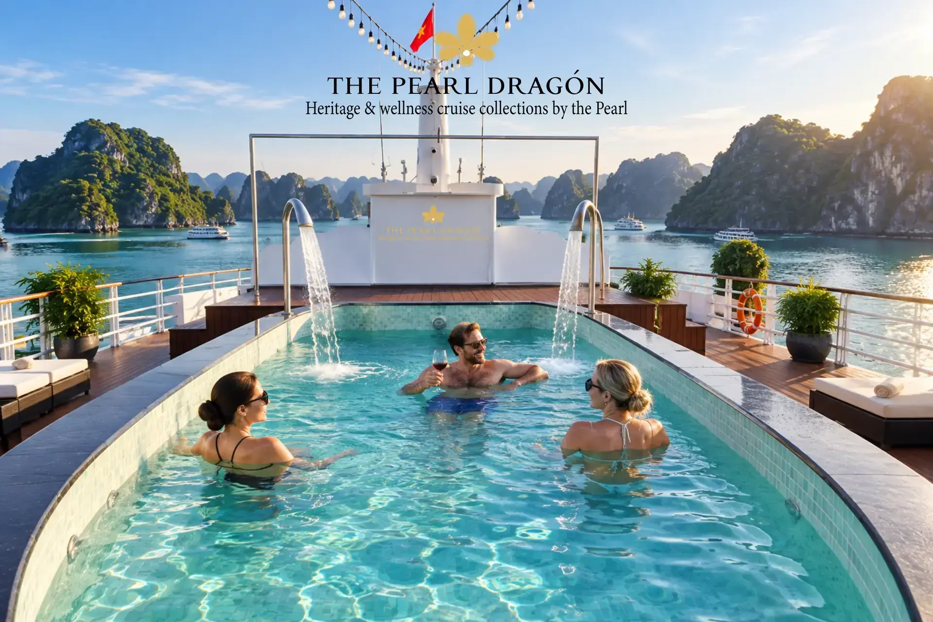 Bể bơi trên sundeck du thuyền The Pearl Dragón nhìn ra vịnh